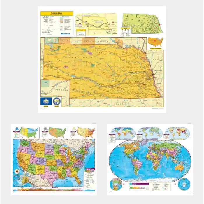 Handmade Social Studies NEBRASKA/U.S./WORLD MAP COMBO, Markable, Erasable, Grades 4-12